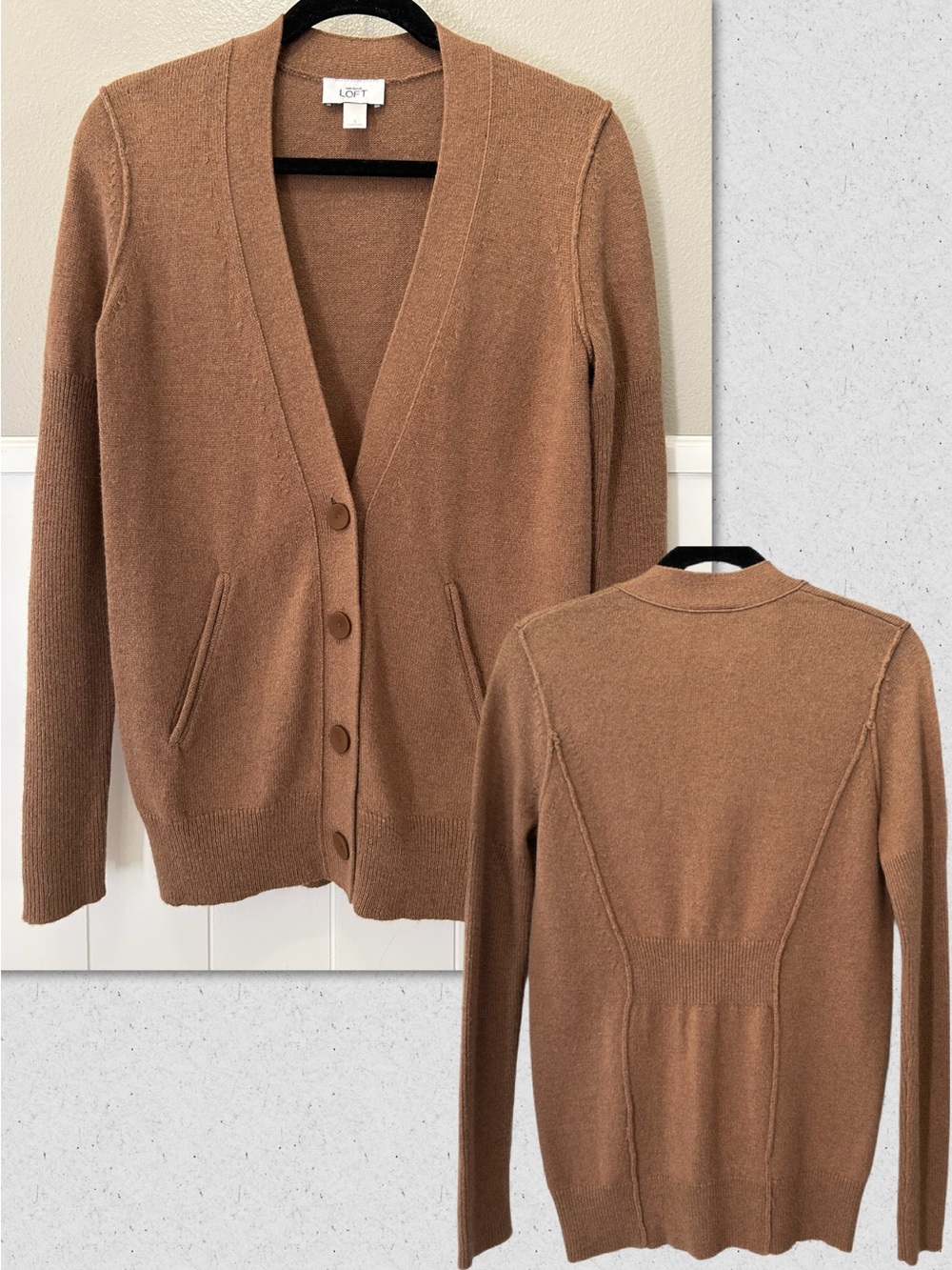 LOFT V-Neck Tan Cardigan Long Sleeve Button Mr Rogers Grannycore Wool Sweater